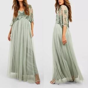 Boohoo Occasion NWT TALL Hand Embellished Kimono Maxi Bridesmaid Formal Gown